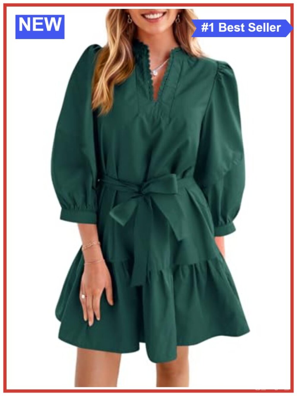 Puff Sleeve V-Neck A-Line Mini Dress Tie Waist Ruffle Tiered Casual